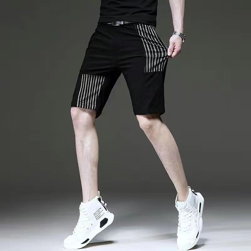夏季超薄条纹5分裤男士拼接宽松中裤男直筒休闲裤子百搭潮流短裤