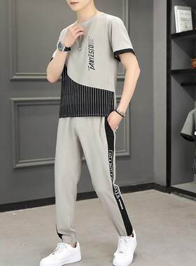 夏季男士短袖t恤冰丝休闲套装男韩版潮流青年运动套装夏天两件套