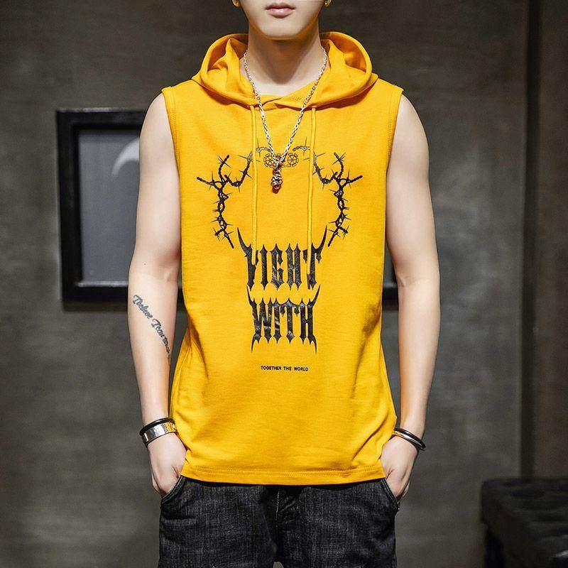 夏季无袖短袖t恤男士带帽卫衣衣服韩版潮流宽松运动连帽背心T恤