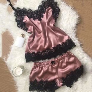 Silky Satin Sexy Women Pajama Sets Velvet Lace Strap