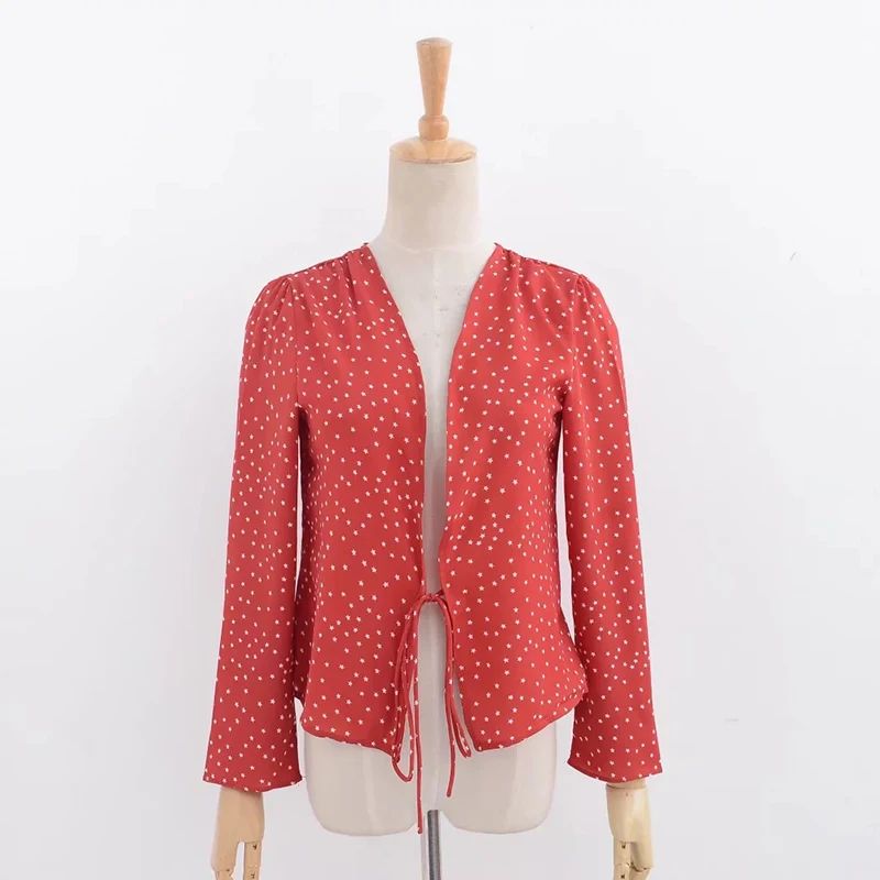 Crop top women chiffon blouses 2023 autumn Star print red lo