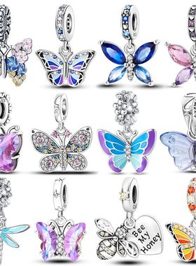 Genuine 925 Sterling Silver Colorful Butterfly Dragonfly Cha
