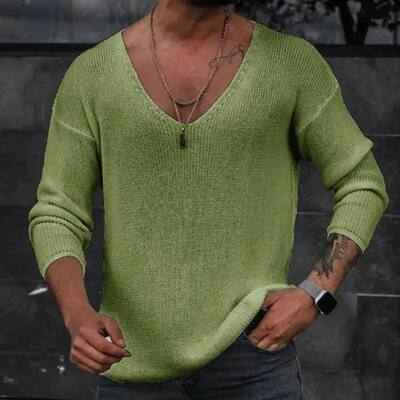 Men 2023 Spring V Neck Rib Bottoming T-shirts Pullover Autum