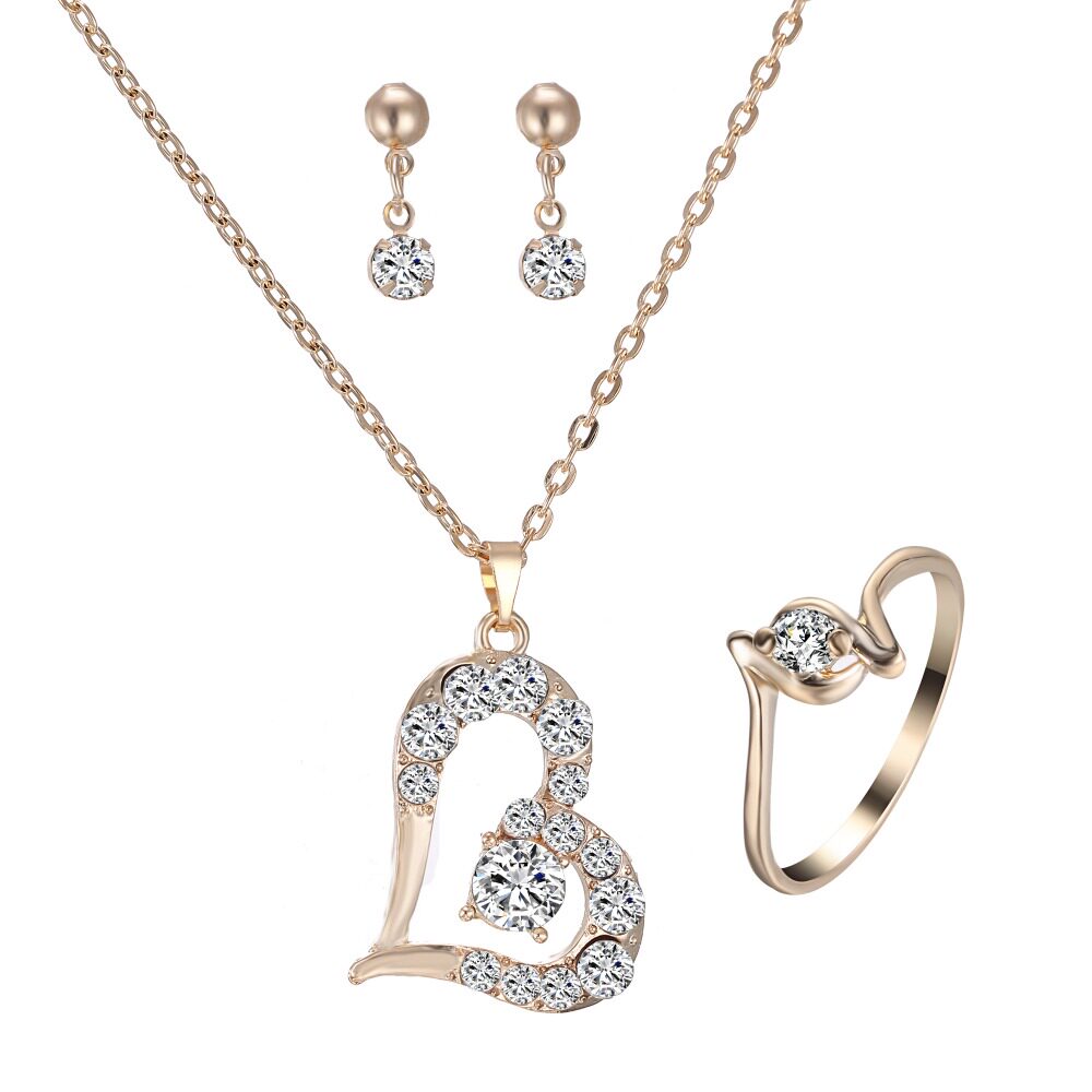 romantic charm love heart jewelry set gold pendant necklace