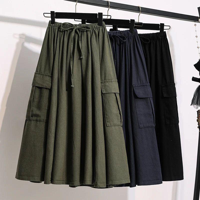 Limiguyue 100% Cotton Cargo Skirt Women Slim Pockets Drawstr