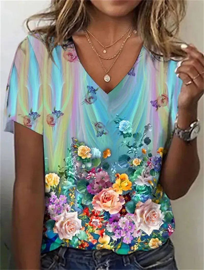 Fashion Women'S T-Shirt 3d Flowers Print Clothing V-Neck Sho