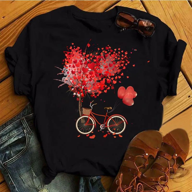 Women Bicycle Black T Shirt Girl Harajuku Korean Style Graph-封面