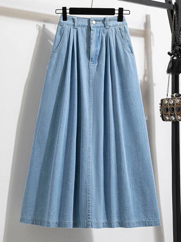 New 2023 Autumn Plus Size Denim Skirt Women High Elastic Wai-封面