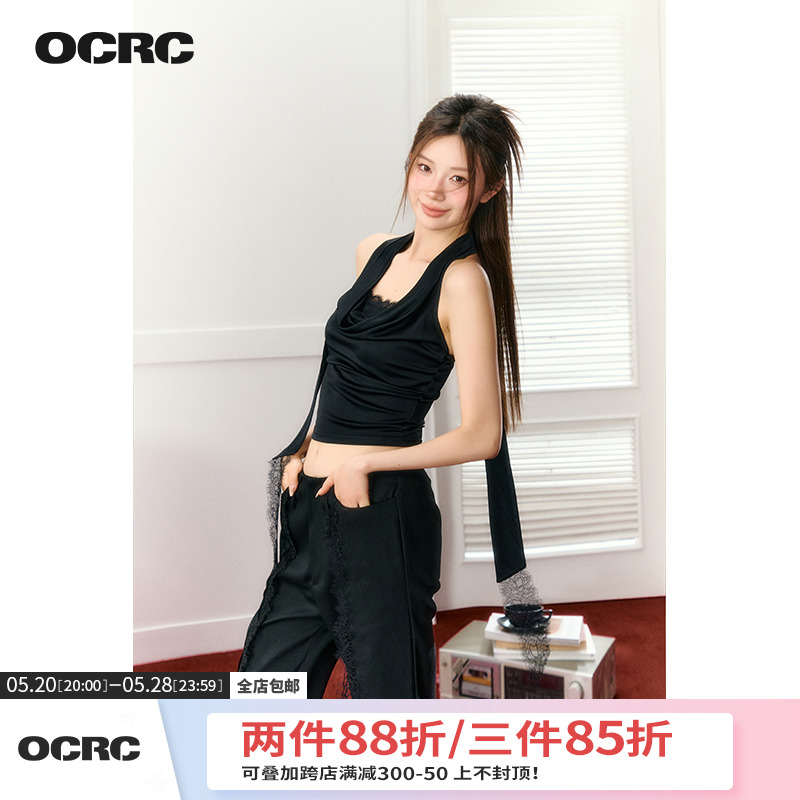 OCRC Official设计感荡领拼接蕾丝背心女自带领带辣妹别致小上衣