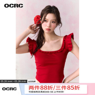 正反两穿修身 OCRC 吊带上衣女夏季 短款 Official红色辣妹小飞袖 T恤