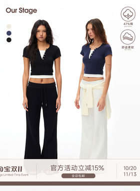 Our Stage 高弹不易变形假两件短款上衣女夏季亨利领撞色短袖T恤