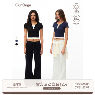 亨利领撞色短袖 Our 上衣女夏季 高弹不易变形假两件短款 T恤 Stage