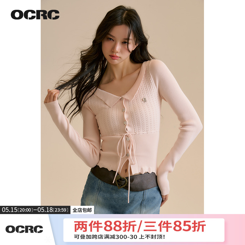 OCRC Official韩系甜美风V领镂空针织衫女春季短款辣妹绑带上衣-封面