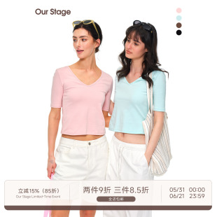 Our Stage 95%有机棉亲肤环保V领上衣女夏修身显瘦中袖纯色T恤