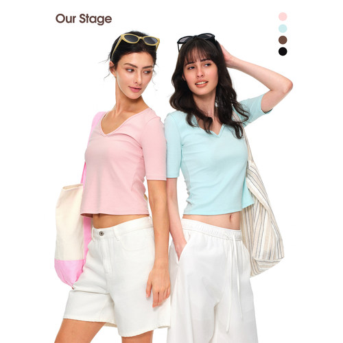 Our Stage 95%有机棉亲肤环保V领上衣女夏修身显瘦中袖纯色T恤