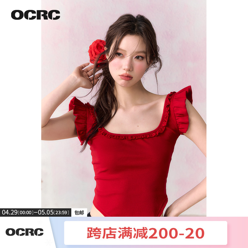 OCRC Official红色辣妹小飞袖吊带上衣女夏季正反两穿修身短款T恤