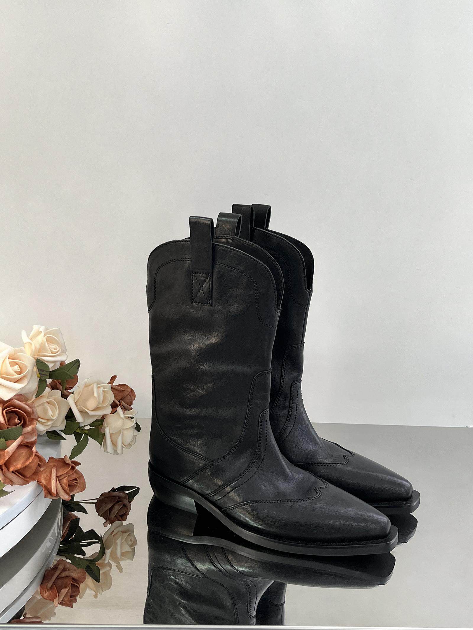 INTHECHIC 오리지널 V 입 포인티드 토 두꺼운 힐 카우보이 부츠 말가죽 웨스턴 부츠 나이트 부츠 숏 부츠 여성용 두꺼운 다리 부츠