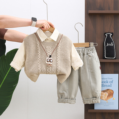 男童套装春装马甲三件套洋气宝宝衣服时髦儿童春季衬衫帅气小童装