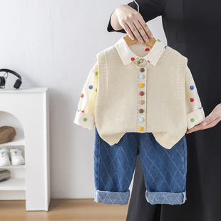 毛衣马甲三件套宝宝衣服洋气童装 男童套装 儿童秋季 2025新款 春秋款
