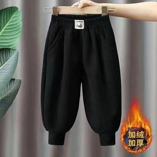 男童加绒裤子灯芯绒冬季洋气儿童一体绒休闲裤男孩帅气宝宝条绒裤