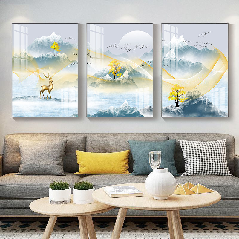 轻奢山水金鹿三联客厅装饰画现代现代装饰画