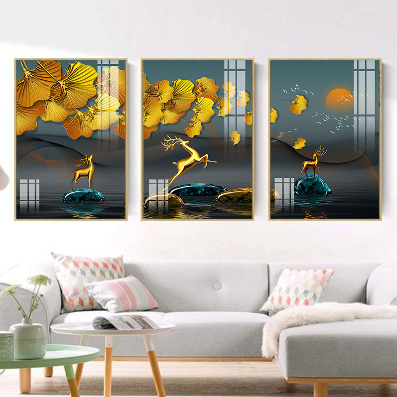 现代轻奢山水麋鹿三联晶瓷画