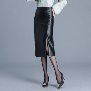 2026新款修身中长款高腰包臀裙秋冬皮裙半身裙女开叉皮长裙一步裙