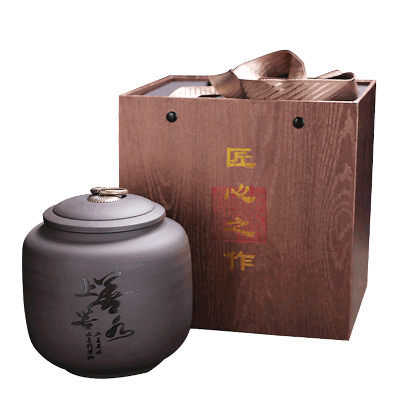 百顺福紫砂茶叶罐大码花红盒子