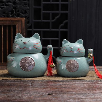 百顺福中式招财猫陶瓷茶叶罐大号普洱茶红茶绿茶包装罐子小号定制