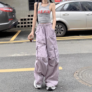 紫色美式工装裤女夏季薄款2025年新款街头宽松高腰直筒阔腿速干裤