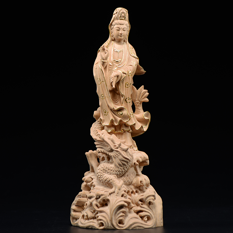 小叶黄杨木雕腾龙观音摆件实木头雕刻观音菩萨佛像红木家居工艺品