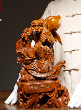 花梨木雕生肖猴子摆件龙龟满载而归家居客厅玄关装饰红木工艺礼品