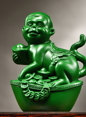 绿色木雕猴子摆件动物三合十二生肖猴木头猴家居办公室送礼工艺品