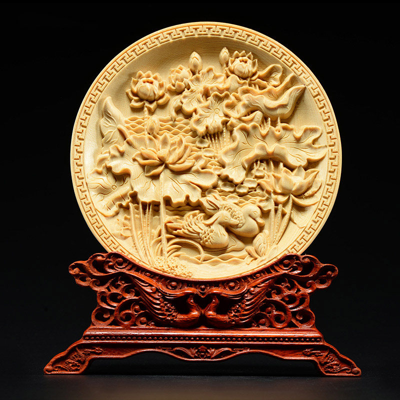 桧木木雕鸳鸯戏水双面镂空圆盘实木雕刻摆饰家居创意工艺礼品