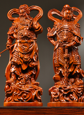 花梨木雕伽蓝韦陀佛像摆件新中式实木质关公韦驮左右护法寺庙佛堂