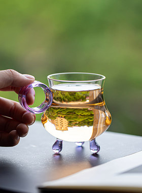 耐热玻璃杯高硼硅主人杯功夫茶具透明喝茶杯三足防烫带手把小水杯