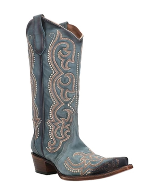 美国代购CORRAL女靴蓝色绣花中跟牛仔靴尖头棕色跟西部靴复古