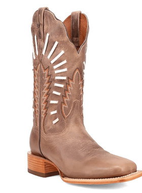 美国代购Dan Post女士做旧棕牛仔靴白色条纹方头中跟复古中筒皮靴