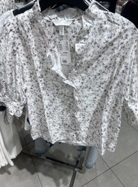 H家全新不退换1359783 新品女装 棉质梭织碎花V领衬衫
