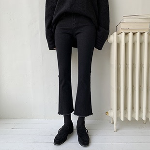 黑色微喇牛仔裤 新款 加绒阔腿显瘦八分九分喇叭裤 女高腰2021秋冬季