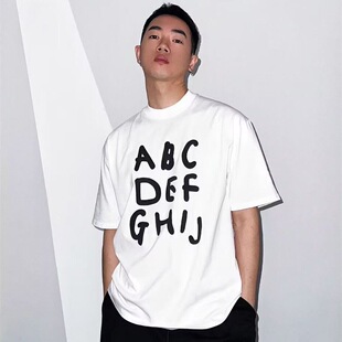 纯棉夏季 T恤男装 情侣复古宽松高级感上衣t恤 ABCD字母印花短袖 美式