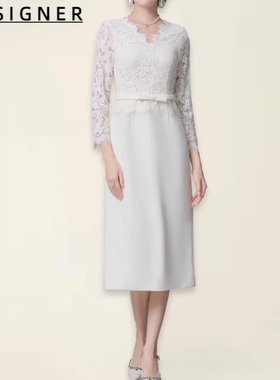 D E S I G N E R香港秋日连衣裙2025新款配大衣白色蕾丝长袖裙子