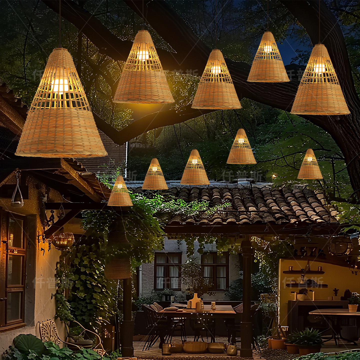 餐厅竹编吊灯中式禅意茶室吧台餐桌灯酒店民宿户外防水挂树竹艺灯