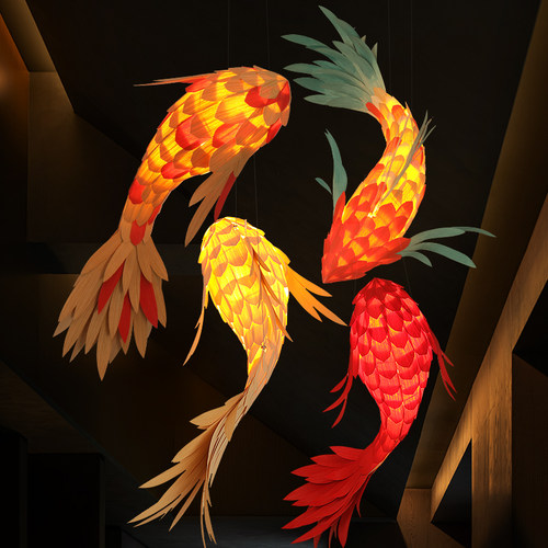 新中式鱼形吊灯餐饮饭店火锅店酒店大堂景区装饰餐厅定制鲤鱼灯具