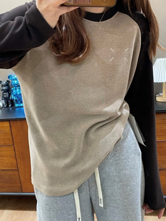 显瘦插肩袖 长袖 T恤女大码 拼接撞色上衣微胖MM宽松正肩秋冬打底衫