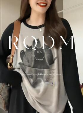 大码女装2026春秋新款胖MM印花显瘦撞色插肩袖正肩长袖T恤打底衫