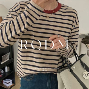 胖MM撞色条纹简约百搭圆领正肩长袖 2025春秋新款 T恤上衣 女装 大码