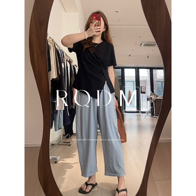 下摆开叉显瘦圆领正肩短袖T恤女