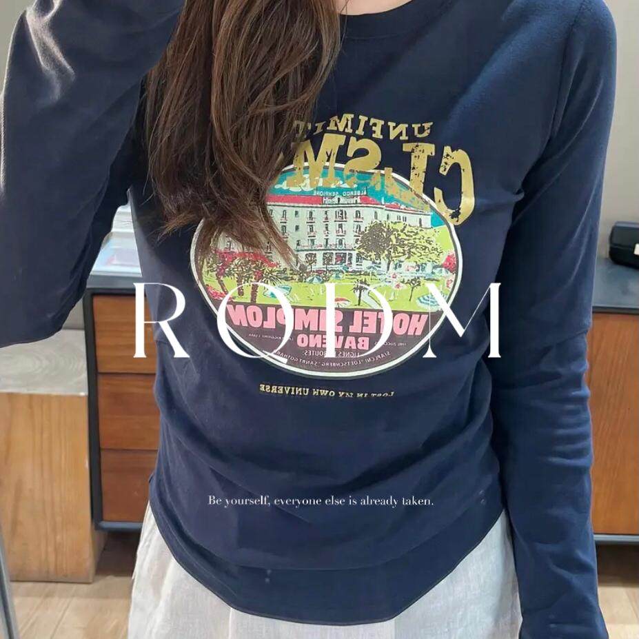 大码女装2026新款春秋胖妹妹韩版印花打底衫圆领正肩长袖T恤上衣