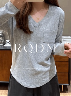 春秋胖妹妹不规则V领百搭显瘦正肩长袖 2025新款 T恤上衣潮 女装 大码